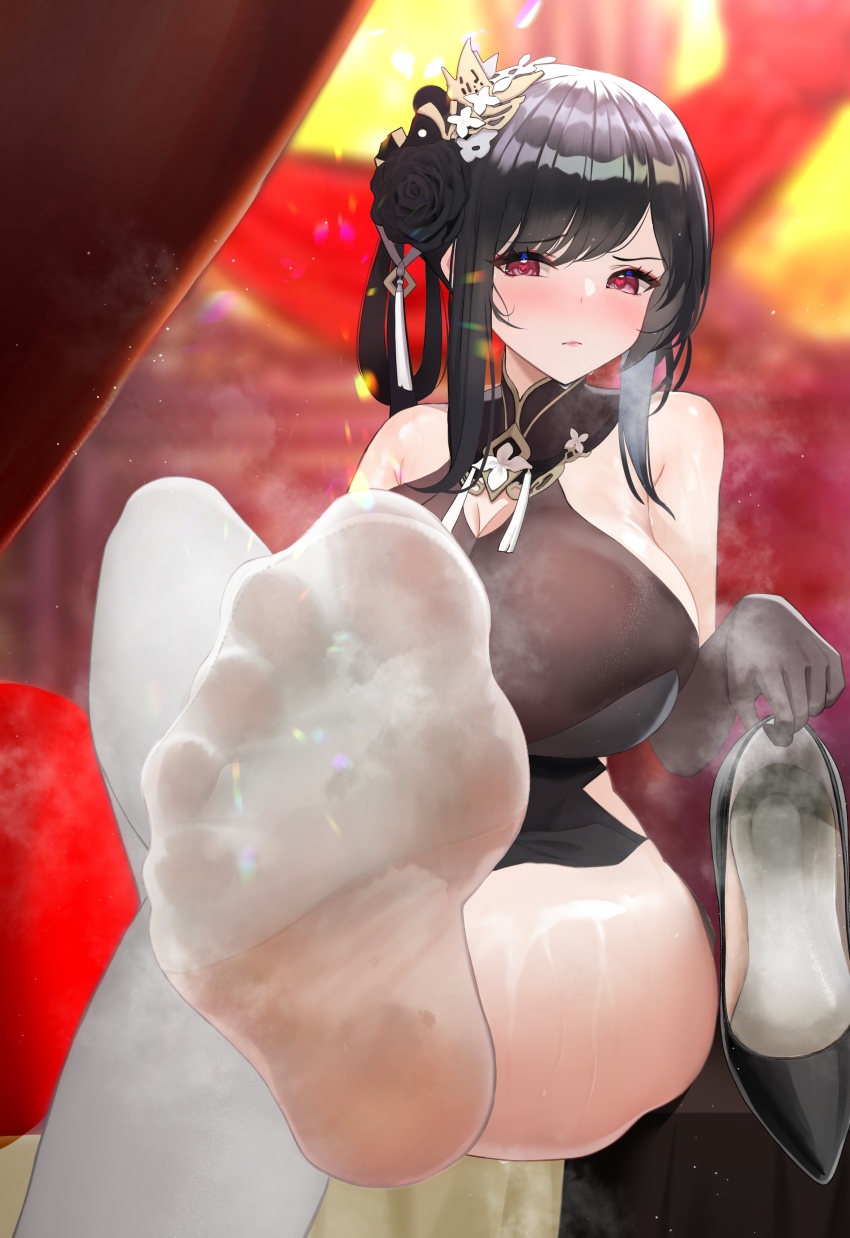 1girl absurdres azur_lane black_gloves black_hair black_pantyhose blush bodystocking breasts chen_hai_(azur_lane) chen_hai_(vestibule_of_wonders)_(azur_lane) china_dress chinese_clothes dirty dirty_feet dress elbow_gloves feet feet_up flower foot_focus foreshortening gloves hair_flower hair_ornament high_heels highres holding holding_shoes jewelry large_breasts no_shoes official_alternate_costume pantyhose red_eyes shoes sitting smell soles steam stirrup_legwear sweat thighhighs toe_ring toeless_legwear toes unworn_shoes ursica wet