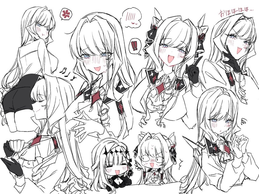 &lt;|&gt;_&lt;|&gt; 2girls :d @_@ anger_vein black_skirt blush crown_(nikke) goddess_of_victory:_nikke hair_down highres lineart modernia_(nikke) modernia_(second_affection)_(nikke) multiple_expressions multiple_girls nobako open_mouth skirt smile speech_bubble translation_request
