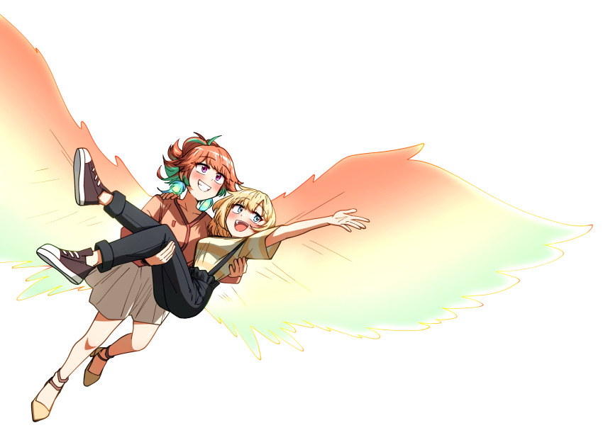 2girls :d absurdres alternate_costume black_pants blonde_hair blue_eyes blush brown_shoes carrying carrying_person commentary ddolbang english_commentary flying green_hair grey_skirt highres hololive hololive_english multicolored_hair multiple_girls open_mouth orange_hair orange_shirt outstretched_arm pants pink_eyes shirt shoes short_sleeves skirt smile striped_clothes striped_shirt suspenders takanashi_kiara teeth transparent_background two-tone_hair upper_teeth_only virtual_youtuber watson_amelia wings