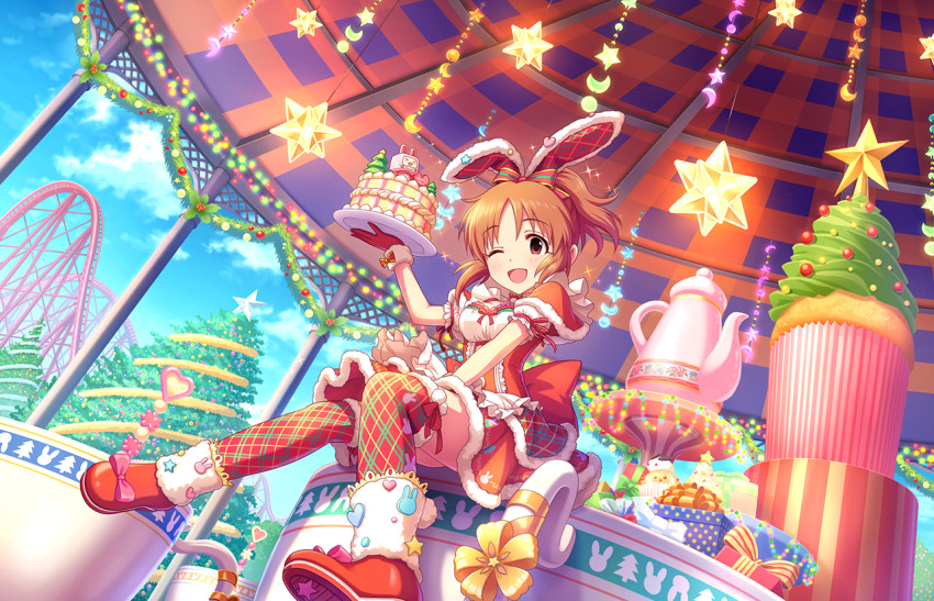 1girl abe_nana cake christmas christmas_tree crescent_moon food game_cg gloves heart idolmaster idolmaster_cinderella_girls idolmaster_cinderella_girls_starlight_stage moon official_art one_eye_closed open_mouth orange_hair plate ponytail rabbit_ears red_eyes roller_coaster sitting solo star_(symbol) teapot thighhighs
