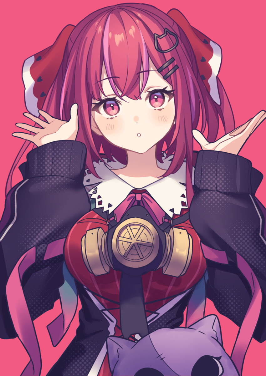 1girl amagase_muyu amagase_muyu_(1st_costume) black_jacket blush cat_hair_ornament commentary_request hair_ornament hairclip hands_up highres jacket long_hair long_sleeves looking_at_viewer lq_saku neck_ribbon nijisanji parallel_hairclips parted_lips red_eyes red_hair red_ribbon ribbon simple_background solo upper_body virtual_youtuber