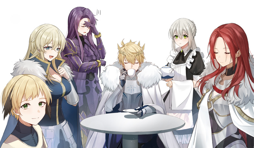 2boys 4girls 9_vcat :d alternate_costume annoyed apron armor artoria_pendragon_(fate) artoria_pendragon_(lancer)_(fate) bedivere_(fate) black_dress blue_cape blue_eyes blush braid breastplate breasts brown_hair cape chinese_commentary cleavage closed_eyes closed_mouth collared_dress cup detached_collar dress drinking enmaided fate/grand_order fate_(series) faulds fur-trimmed_cape fur_trim gareth_(fate) gareth_(first_ascension)_(fate) gauntlets gawain_(fate) genderswap genderswap_(ftm) genderswap_(mtf) green_eyes grey_hair hair_between_eyes hair_flaps hand_on_own_chest high_collar highres holding holding_cup holding_saucer holding_teapot holding_towel knights_of_the_round_table_(fate) lancelot_(fate/grand_order) long_hair looking_at_viewer maid maid_apron medium_breasts multicolored_hair multiple_boys multiple_girls open_mouth parted_bangs parted_lips ponytail puffy_short_sleeves puffy_sleeves purple_armor purple_hair recursive_genderswap red_hair rerebrace round_table saucer second-party_source short_sleeves sidelocks simple_background smile table teacup teapot towel tristan_(fate) two-tone_hair white_apron white_background white_cape