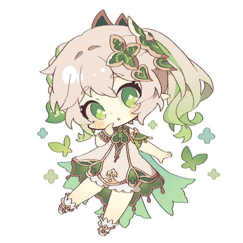 bloomers bug butterfly cape chibi cross-shaped_pupils dress full_body genshin_impact gradient_hair green_cape green_eyes green_hair green_sleeves hair_ornament highres insect komano_shia leaf_hair_ornament multicolored_hair nahida_(genshin_impact) pointy_ears side_ponytail stirrup_footwear stirrup_legwear symbol-shaped_pupils toeless_footwear toeless_legwear underwear white_background white_bloomers white_dress white_hair