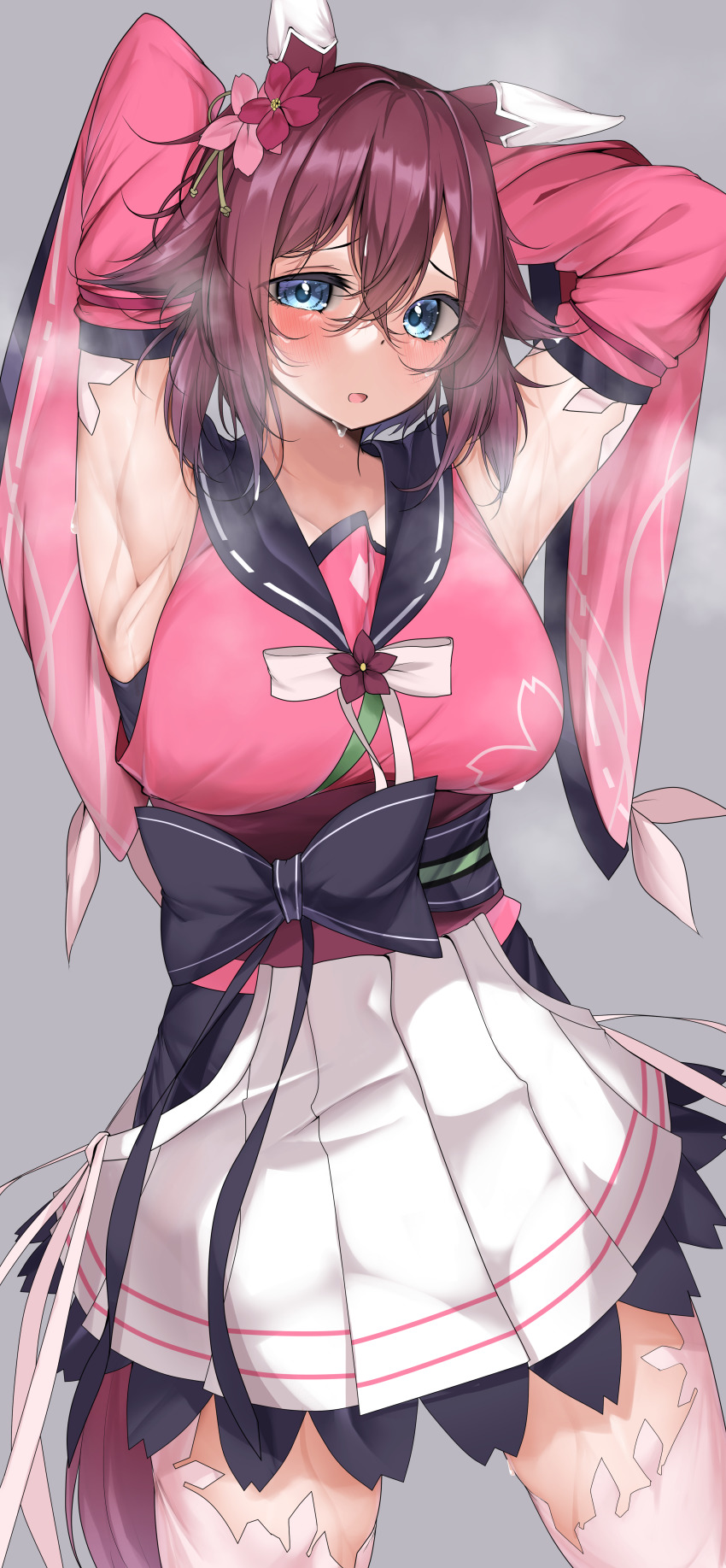 1girl absurdres animal_ears armpits arms_behind_head blue_eyes blush breasts detached_sleeves grey_background hair_between_eyes highres horse_ears horse_girl horse_tail japanese_clothes kimono kshimu large_breasts looking_at_viewer open_mouth pink_kimono pink_lips sakura_chiyono_o_(umamusume) short_hair simple_background skirt solo tail thighhighs thighs umamusume wet wet_clothes white_skirt wide_sleeves