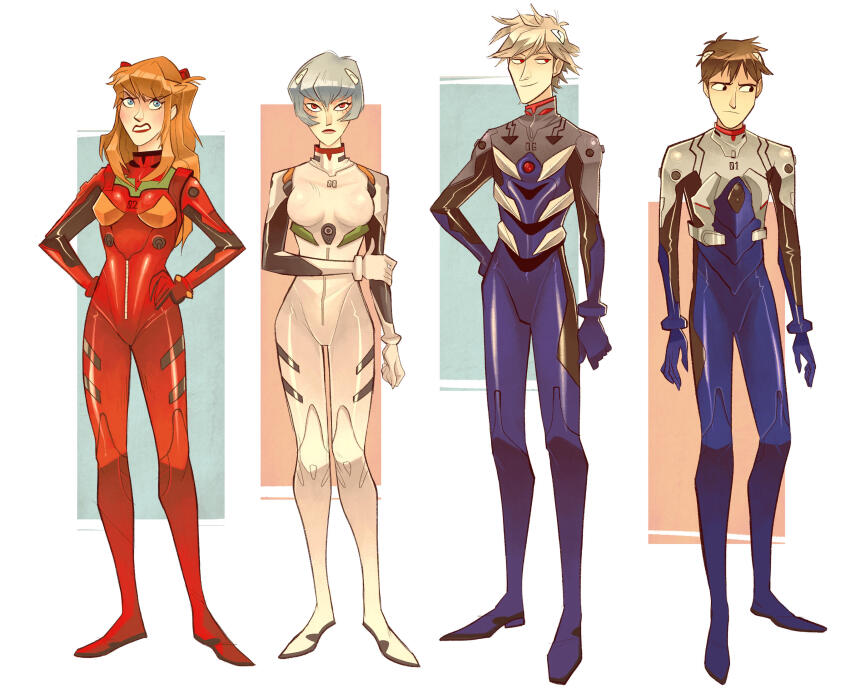 2boys 2girls annoyed arm_at_side arms_at_sides averting_eyes ayanami_rei black_bodysuit black_eyes black_trim blue_bodysuit blue_eyes blue_hair bob_cut bodysuit breasts brown_hair closed_mouth commentary deadpan english_commentary expressionless full_body furrowed_brow green_trim grey_bodysuit grey_hair grimace hand_on_own_arm hand_on_own_hip hands_on_own_hips highres ikari_shinji interface_headset_(evangelion) light_frown light_smile lipstick long_hair looking_at_another looking_at_viewer looking_to_the_side makeup mecha_pilot_suit medium_breasts multiple_boys multiple_girls nagisa_kaworu neon_genesis_evangelion orange_trim parted_lips pink_lips plugsuit_(evangelion) rectangle red_bodysuit red_eyes red_hair red_lips short_hair sidelocks smug souryuu_asuka_langley standing straight-on thigh_gap two-tone_bodysuit v-shaped_eyebrows white_background white_bodysuit xim_(nadiezda11)