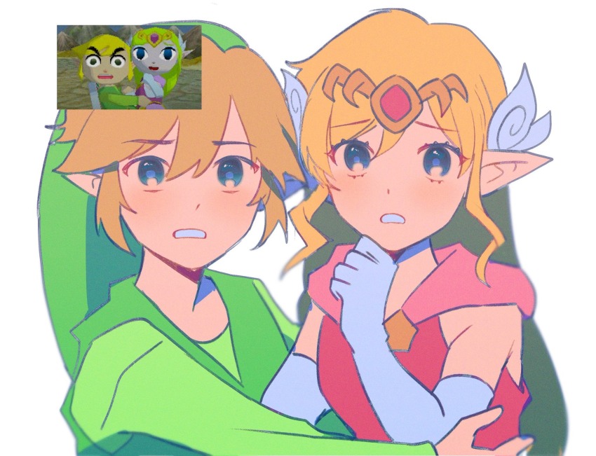 1boy 1girl blonde_hair blue_eyes circlet commentary derivative_work dress elbow_gloves english_commentary gloves green_hat green_tunic hair_ornament hat highres link long_hair long_sleeves looking_at_viewer nintendo orri_(iirokagi) pink_dress pink_gemstone pointy_ears princess_zelda screenshot_inset screenshot_redraw short_hair simple_background sleeveless sleeveless_dress teeth the_legend_of_zelda the_legend_of_zelda:_spirit_tracks toon_link toon_zelda tunic upper_body white_background white_gloves