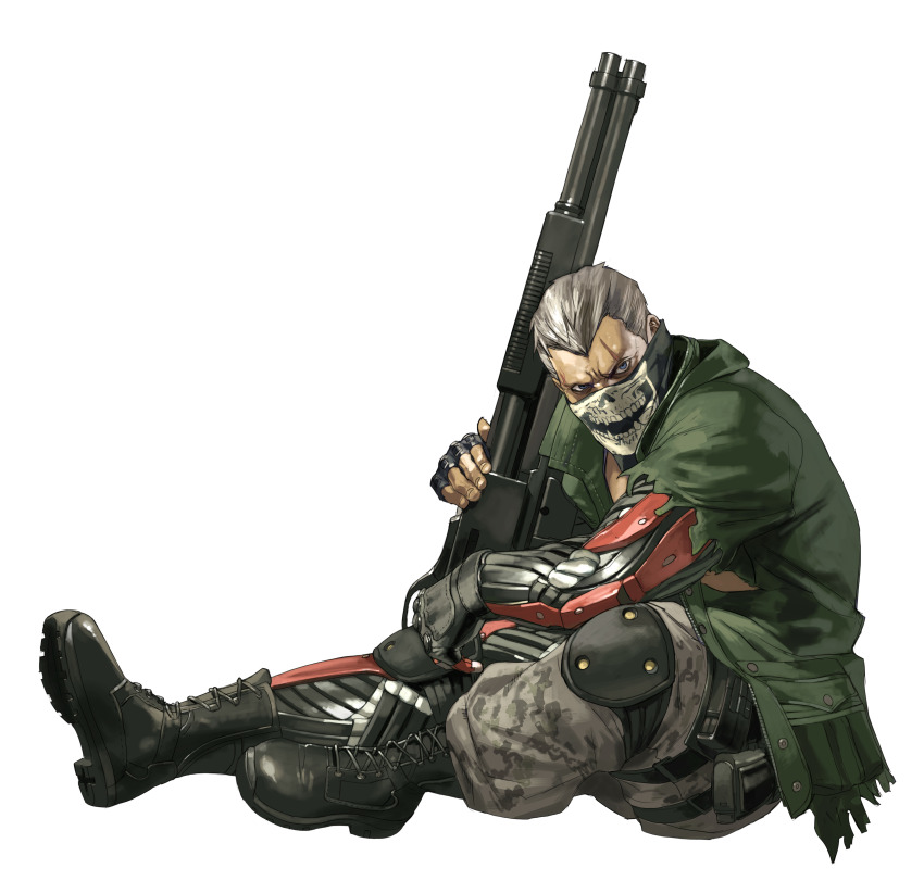 1boy absurdres bandana bandana_over_mouth black_bandana blue_eyes bryan_fury camouflage camouflage_pants cyborg fingerless_gloves gloves green_jacket grey_hair gun highres holding holding_gun holding_weapon jacket junny looking_at_viewer male_focus mechanical_arms non-web_source official_art pants scar scar_across_eye scar_on_face short_hair simple_background single_mechanical_arm sitting skull_print solo tekken tekken_7 weapon white_background