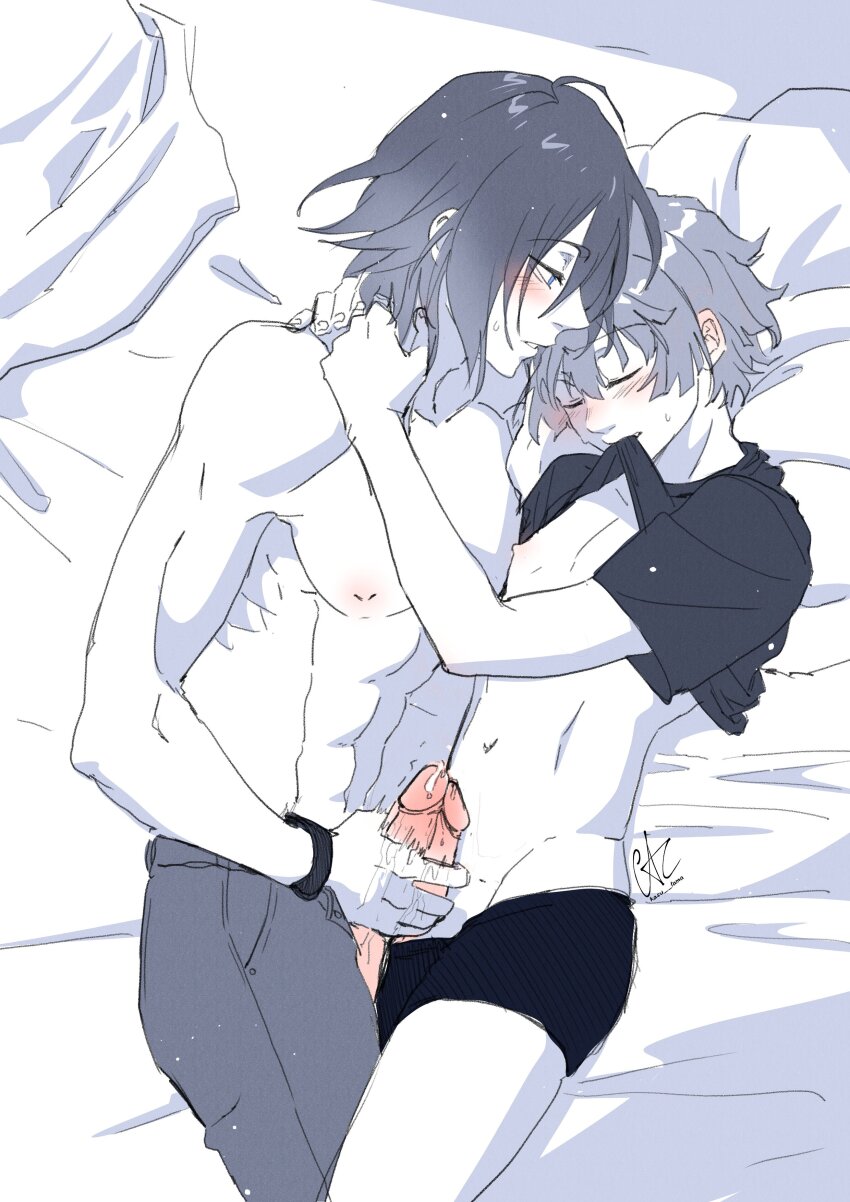 2boys abs absurdres blue_eyes blush closed_eyes clothes_lift commentary cum forte_(love_melodies) frottage hazuki_(love_melodies) highres kasutama limited_palette love_melodies lying mouth_hold multiple_boys on_side penis penis_out penises_touching pillow precum shirt_lift signature topless_male watch wristwatch yaoi