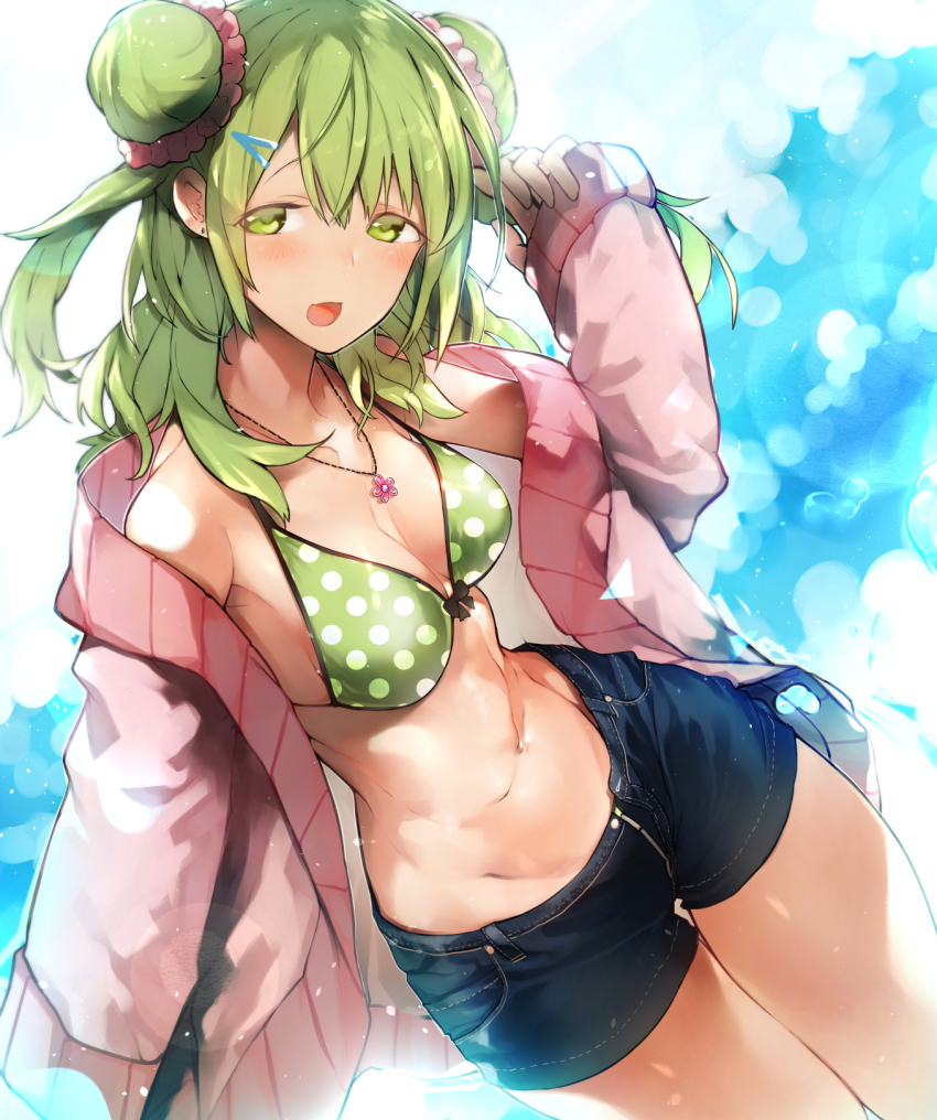 1girl :d aged_up arm_up bikini bikini_top_only black_shorts blue_sky blush breasts commentary_request day double_bun dutch_angle earrings female_focus green_bikini green_eyes green_hair hair_between_eyes hair_bun highres jacket jewelry long_hair long_sleeves looking_at_viewer medium_breasts morinaka_kazaki navel nijisanji nishiide_kengorou open_clothes open_jacket open_mouth outdoors pink_jacket polka_dot polka_dot_bikini polka_dot_bikini_top short_shorts shorts side_bun sky sleeves_past_wrists smile solo swimsuit two_side_up virtual_youtuber