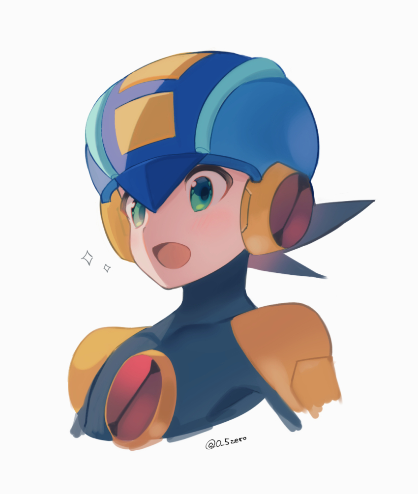 1boy blue_bodysuit blue_headwear blue_helmet bodysuit brown_hair commentary_request cropped_torso from_side green_eyes helmet highres male_focus mega_man_(series) mega_man_battle_network_(series) megaman.exe netnavi open_mouth short_hair simple_background solo sparkle spiked_hair twitter_username upper_body white_background zero-go