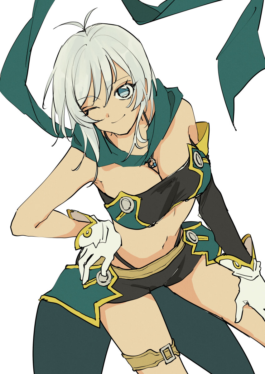 1girl absurdres bandeau blue_eyes breasts cleavage closed_mouth dark-skinned_female dark_skin gloves grey_hair highres jewelry large_breasts long_hair looking_at_viewer medium_breasts navel necklace one_eye_closed rondoline_e_effenberg shirt simple_background smile solo tales_of_(series) tales_of_phantasia tales_of_phantasia:_narikiri_dungeon tales_of_phantasia:_narikiri_dungeon_x taut_clothes taut_shirt thigh_strap white_background white_gloves youme_xz