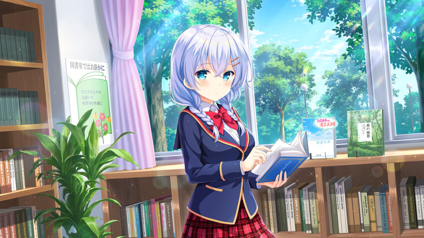 1girl :o aqua_eyes black_socks blazer blue_jacket bookcase bow braid closed_mouth front_braid girlfriend_(kari) hair_ornament hair_over_shoulder hairclip i indoors jacket kneehighs library long_hair long_sleeves looking_at_viewer murakami_fumio official_art plaid_clothes plaid_skirt pleated_skirt qp:flapper red_bow red_skirt school school_uniform shirt shoes skirt socks solo standing tagme twin_braids white_shirt window