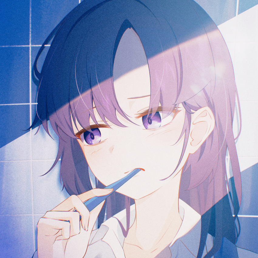 1girl absurdres blue_archive brushing_teeth hair_between_eyes highres holding holding_toothbrush long_hair purple_eyes purple_hair shirt sidelocks solo toothbrush ula_ula00 upper_body white_shirt yuuka_(blue_archive)