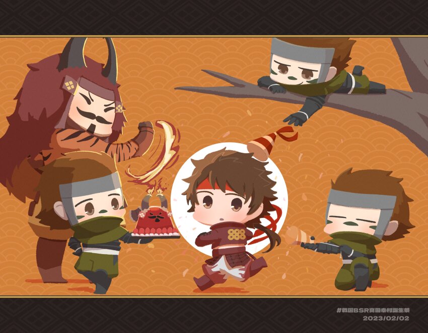 5boys :o =_= absurdres bare_tree brown_eyes brown_hair cake chibi chibi_only clone closed_eyes confetti covered_mouth dated facepaint facial_hair fake_horns food forehead_protector goatee hat headband height_difference highres horns jacket kneeling letterboxed long_hair looking_at_another low_ponytail lying male_focus multiple_boys mustache no_mouth on_stomach orange_background party_hat party_popper ponytail red_headband red_jacket running sanada_yukimura_(sengoku_basara) sarutobi_sasuke_(sengoku_basara) sengoku_basara short_hair smirk surushiru takeda_shingen_(sengoku_basara) tree
