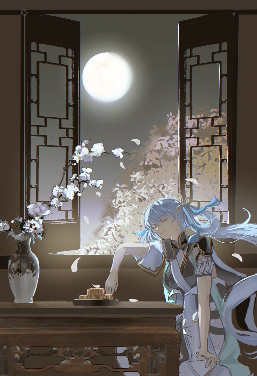 1girl architecture black_collar black_dress bow breasts coat collar colored_eyelashes dress earrings east_asian_architecture full_moon hair_bow hair_ornament hair_rings highres indoors jewelry jinhsi_(wuthering_waves) long_hair medium_breasts minglu_(gululu) missing_commentary mole mole_on_cheek moon night open_window sitting smile solo twintails very_long_hair white_coat white_eyelashes white_hair white_petals window wuthering_waves