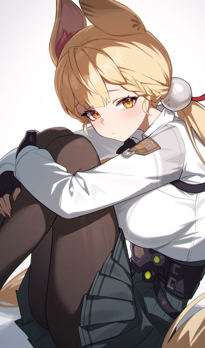 1girl absurdres alice_thymefield animal_ears black_pantyhose blonde_hair blush breasts fingerless_gloves gloves heterochromia highres large_breasts long_hair on_floor orange_eyes pantyhose pleated_skirt red_eyes shali shirt sitting skirt solo sphere_hair_ornament twintails white_shirt zenless_zone_zero