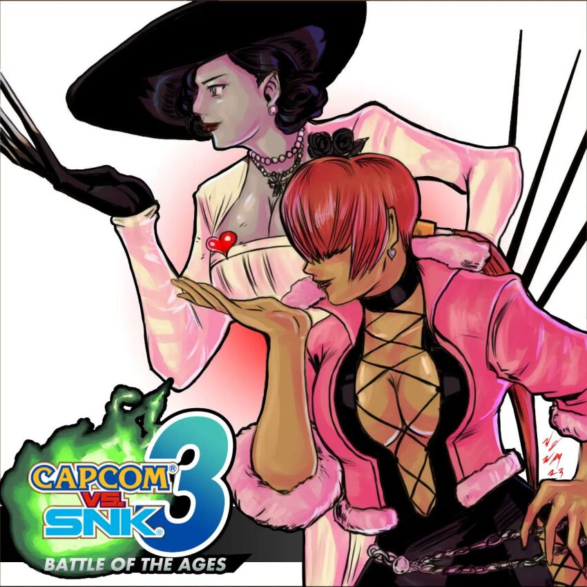 2girls alcina_dimitrescu badly_tagged_upload breasts capcom_vs._snk cleavage cleavage_cutout clothing_cutout dress earrings female_focus fishnets flower fluffy giant hand_on_own_hip hand_up hat heart highres huge_breasts jacket jewelry large_breasts long_hair long_sleeves multiple_girls no_bra ponytail red_hair resident_evil shermie_(kof) smile smiley_face tall_female taller_female taurence_bell the_king_of_fighters thick_thighs thighs wide_hips