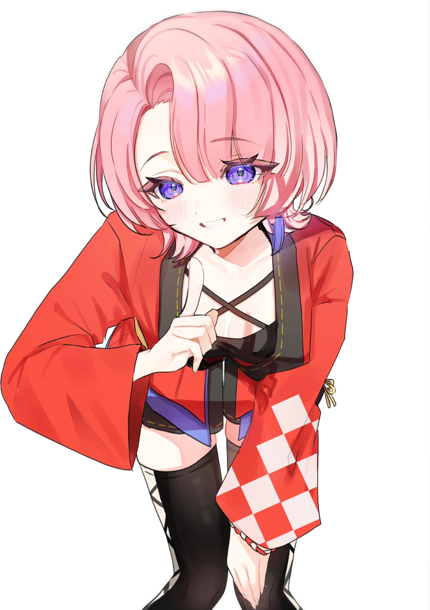 1girl absurdres arimura_mao asymmetrical_bangs black_thighhighs blush commentary_request feet_out_of_frame gakuen_idolmaster highres idolmaster index_finger_raised japanese_clothes kamurogiku_(idolmaster) kimono leaning_forward looking_at_viewer makino_(gensekiplease) pink_hair purple_eyes red_kimono simple_background smile solo thighhighs white_background