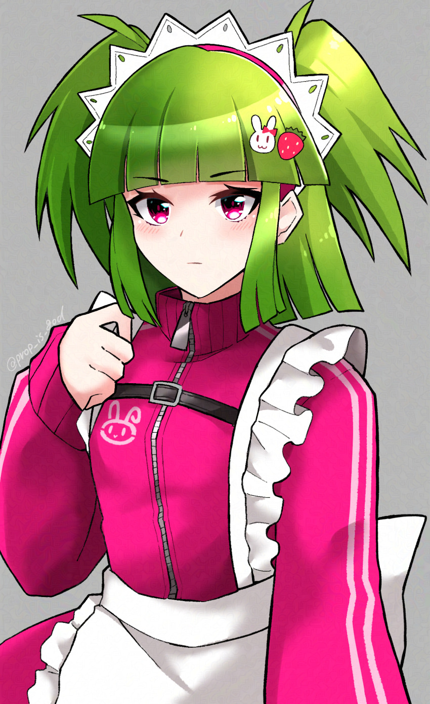 1girl apron beatmania_iidx bemani blunt_bangs blush closed_mouth commentary_request cowboy_shot expressionless food-themed_hair_ornament green_hair grey_background hair_ornament highres hishimiya_tsugaru jacket jersey_maid long_sleeves looking_at_viewer maid maid_headdress medium_hair pink_eyes pink_jacket prop_is_god rabbit_hair_ornament simple_background solo strawberry_hair_ornament two_side_up unconventional_maid waist_apron white_apron