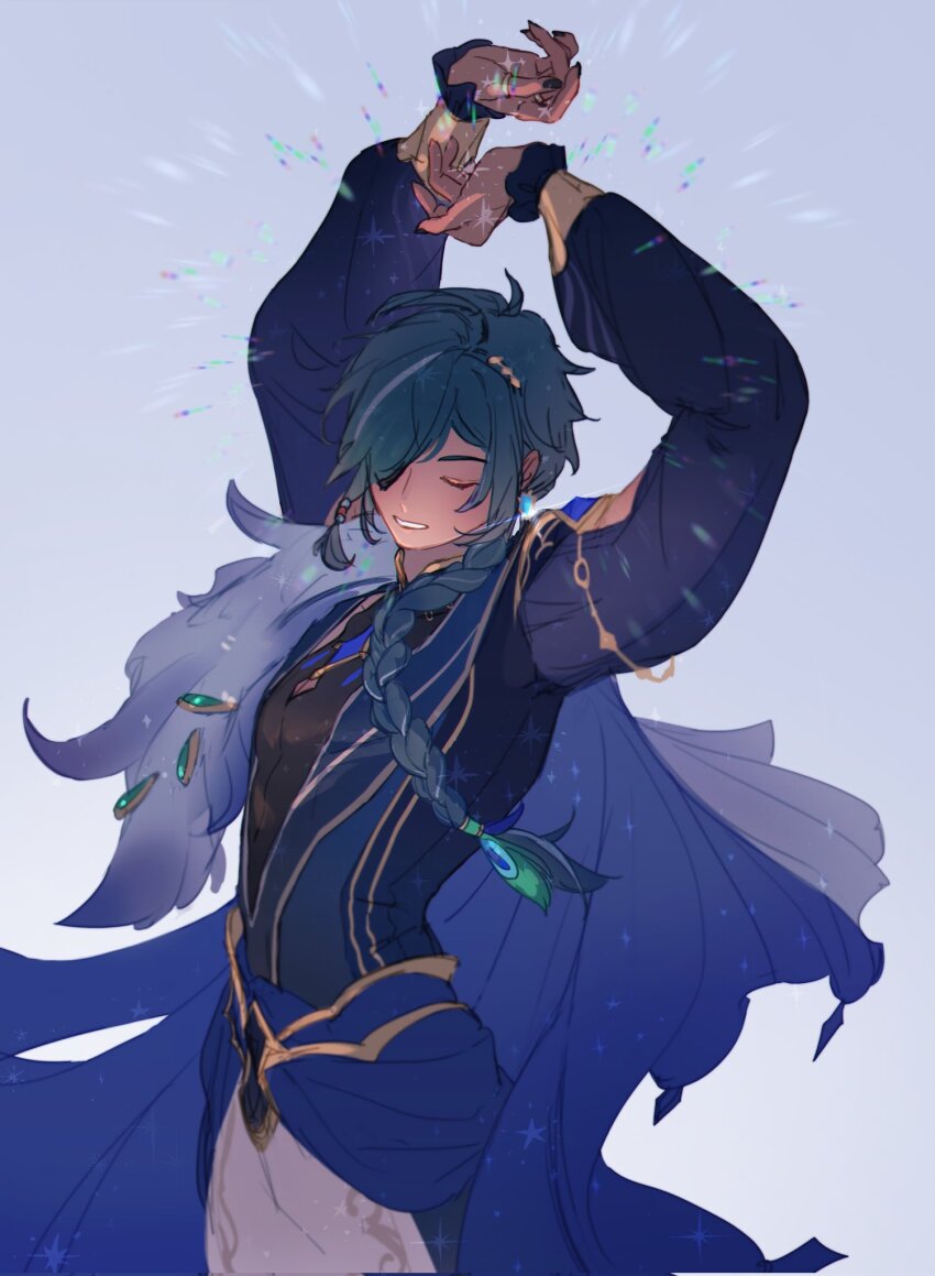 1boy aji_11300913 arms_up black_nails black_shirt blue_hair blue_robe braid braided_ponytail closed_eyes commentary_request cowboy_shot dark-skinned_male dark_skin eyepatch genshin_impact grey_background hair_ornament highres kaeya_(genshin_impact) kaeya_(sailwind_shadow)_(genshin_impact) long_hair long_sleeves male_focus parted_lips robe shirt simple_background smile solo sparkle sparkling_aura teeth