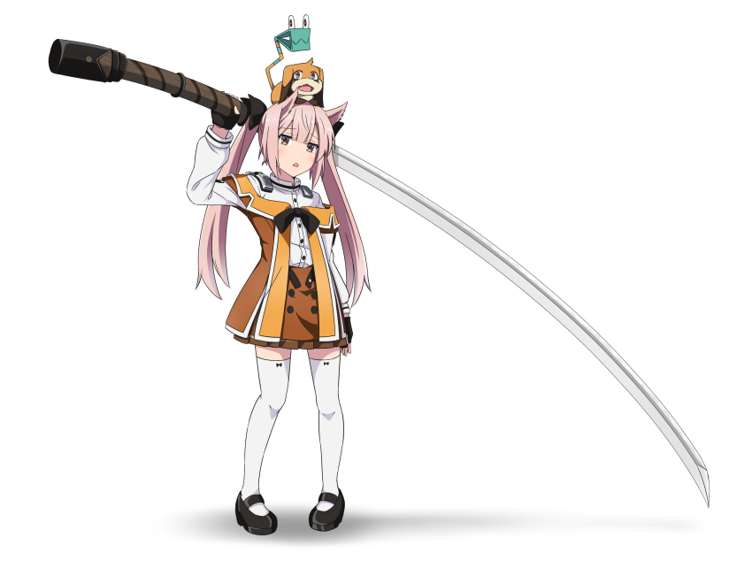 1girl black_gloves black_shoes brown_skirt commentary_request fingerless_gloves full_body furrowed_brow gloves hair_horns highres holding holding_behind_back holding_sword holding_sword_behind_back holding_weapon holding_weapon_behind_back jacket kyoukyan long_hair long_sleeves looking_at_viewer mary_janes mashiko_kaoru nene_(toji_no_miko) off_shoulder ootachi orange_jacket osafune_girls_academy_school_uniform pink_hair pleated_skirt purple_eyes school_uniform shoes sidelocks skirt solo standing sword thighhighs toji_no_miko triangle_mouth twintails weapon white_background white_thighhighs zettai_ryouiki