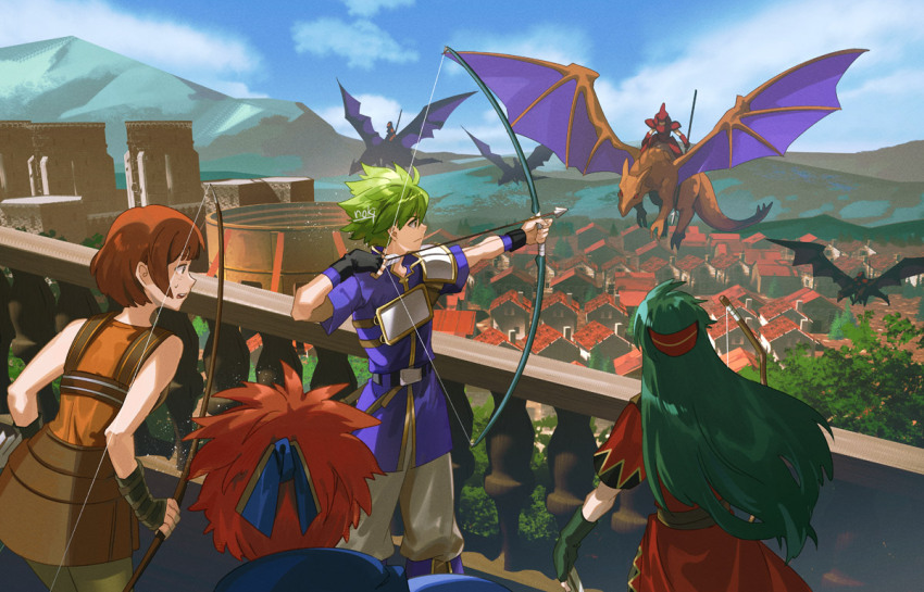 2boys 2girls aiming arrow_(projectile) blue_sky bow_(weapon) brown_hair city commentary_request dorothy_(fire_emblem) dragon fence fire_emblem fire_emblem:_the_binding_blade green_hair holding holding_bow_(weapon) holding_weapon long_hair multiple_boys multiple_girls nintendo noki_(affabile) red_hair roy_(fire_emblem) short_hair sky sue_(fire_emblem) weapon wings wolt_(fire_emblem) wyvern