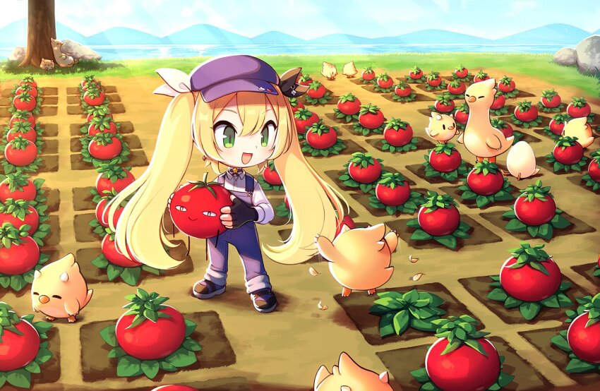 1girl :d alternate_costume blonde_hair blue_hat blue_overalls chibi day dokibird_(vtuber) dokibird_(vtuber)_(retro_doki) dokibird_(vtuber)_(tomato) dragoon_(dokibird) farm grass green_eyes hat indie_virtual_youtuber long_hair melon-fox mountainous_horizon open_mouth outdoors overalls shoes smile standing tomato tree twintails very_long_hair virtual_youtuber wide_shot