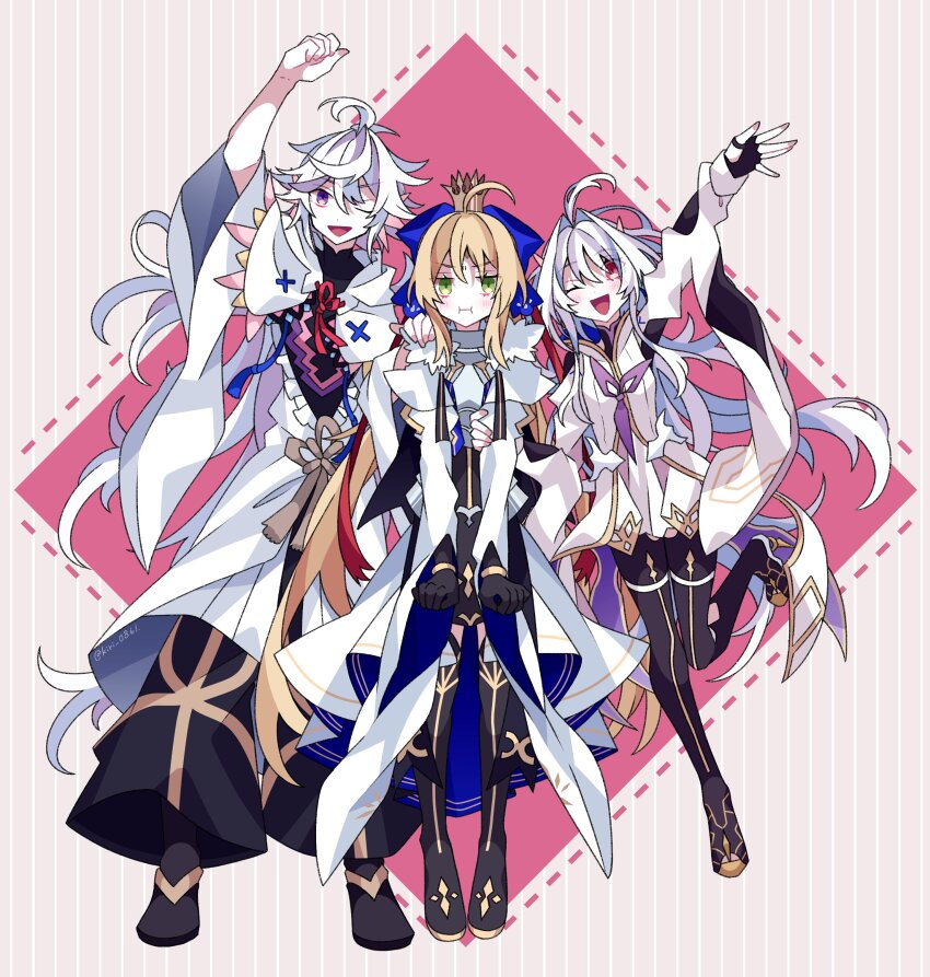 1boy 2girls :i absurdres ahoge armor armored_dress artoria_caster_(fate) artoria_caster_(third_ascension)_(fate) artoria_pendragon_(fate) blonde_hair boy_and_girl_sandwich braid crown dress facial_mark fate/grand_order fate/grand_order_arcade fate/prototype fate_(series) forehead_mark french_braid hand_on_another&#039;s_arm hand_on_another&#039;s_shoulder highres holding_another&#039;s_arm hooded_robe kujiramaru long_hair looking_at_viewer merlin_(fate) merlin_(fate/prototype) multicolored_ribbon multiple_girls one_eye_closed purple_eyes ribbon robe sandwiched smile white_hair white_robe