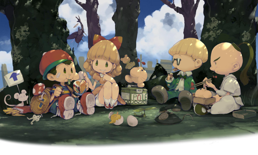 1girl 3boys bird burger chick child doseisan egg food french_fries jeff_andonuts koki_(ryoushikiha) mother_(series) mother_2 mouse_(animal) multiple_boys ness_(mother_2) nintendo paula_(mother_2) poo_(mother_2) sitting stag_beetle starman_(mother)
