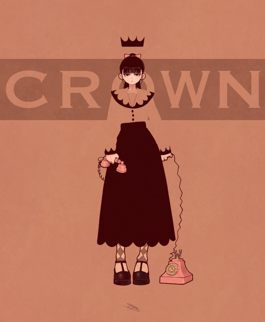 1girl antique_phone black_hair black_shoes black_skirt blending bow brown_background brown_shirt english_text hair_bow highres holding holding_phone long_hair long_skirt long_sleeves original phone pink_bow ponytail print_socks rotary_phone shirt shoes skirt socks solo standing syooooyoooo