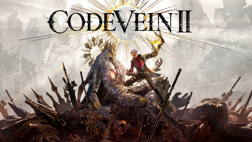 2boys 3d absurdres armor building claw_(weapon) coat code_vein code_vein_ii confrontation crown embers fantasy gold_mask grey_hair halo highres key_visual long_hair mask multiple_boys official_art planted planted_sword planted_weapon post-apocalypse promotional_art ruins size_difference sword weapon