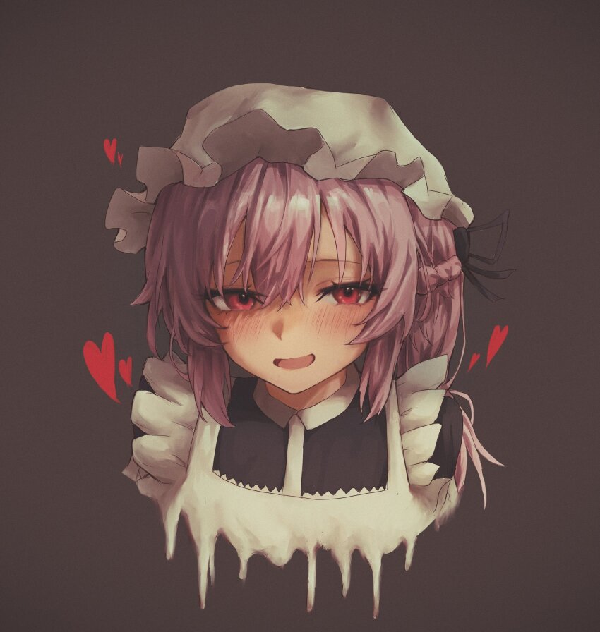 1girl apron black_ribbon black_shirt black_souls black_souls_2 blush braid collared_shirt dripping frilled_sleeves frills grey_background hair_over_eyes happy highres looking_at_viewer maid_apron maid_headdress medium_hair nose open_mouth pink_hair red_eyes ribbon shirt side_braid sidelocks simple_background smile solo victoria_(black_souls) wrangelina