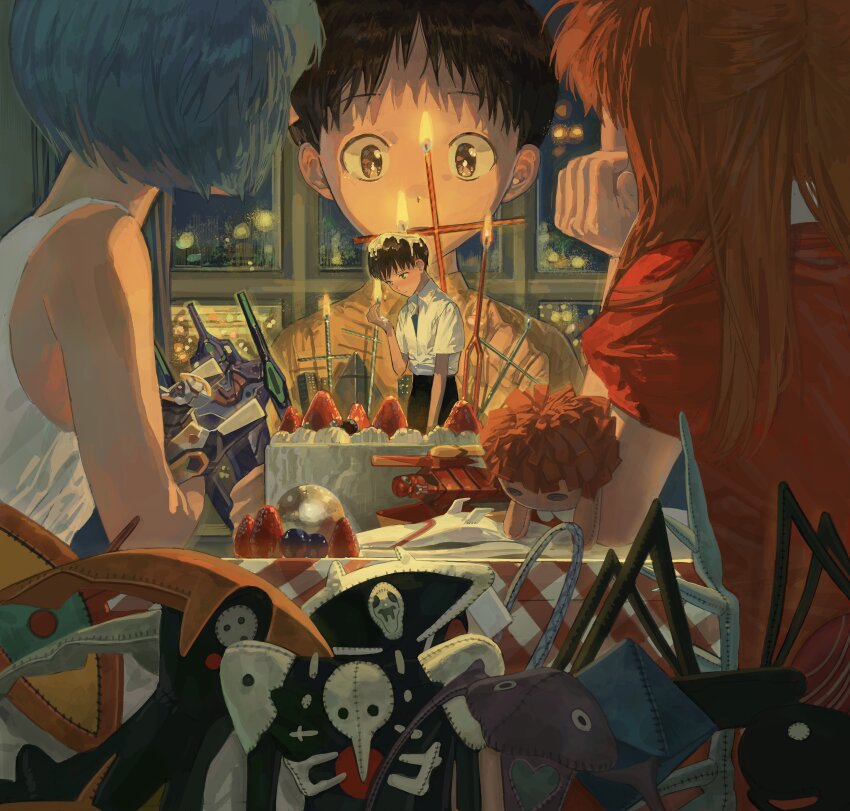 1boy 2girls absurdres angel_(evangelion) arael arm_on_table armisael_(evangelion) ayanami_rei beaker birthday_cake blue_hair brown_eyes cake candle candlelight character_doll character_request commentary cross doll eva_00 eva_01 figure food head_rest highres ikari_shinji ikuta41 indoors israfel_(evangelion) lance_of_longinus_(evangelion) latin_cross light_blue_hair looking_at_another matariel multiple_girls neon_genesis_evangelion night orange_hair puffy_short_sleeves puffy_sleeves ramiel_(evangelion) sachiel_(evangelion) sahaquiel_(evangelion) shamshel_(evangelion) short_sleeves souryuu_asuka_langley strawberry_cake stuffed_toy zeruel_(evangelion)
