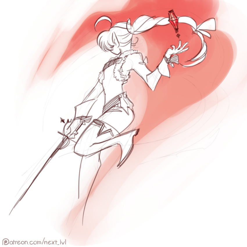 1girl ahoge alisaie_leveilleur boots braid commentary elezen elf english_commentary final_fantasy final_fantasy_xiv floating_hair gloves greyscale holding holding_sword holding_weapon jacket long_hair monochrome next_lvl patreon_username pointy_ears rapier red_mage_(final_fantasy) single_braid skirt solo spot_color sword thigh_boots weapon