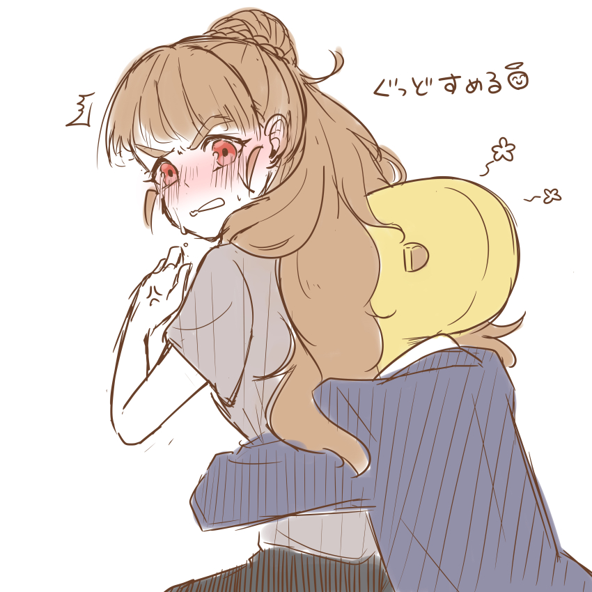 1boy 1girl absurdres behind_another blue_jacket blush braid braided_bun brown_hair face_in_hair front-to-back grey_shirt hair_bun hetero highres idolmaster idolmaster_cinderella_girls jacket kamiya_nao lapin_zat long_hair long_sleeves object_head p-head_producer producer_(idolmaster) red_eyes shirt short_sleeves simple_background single_hair_bun smelling smelling_hair thick_eyebrows translation_request white_background