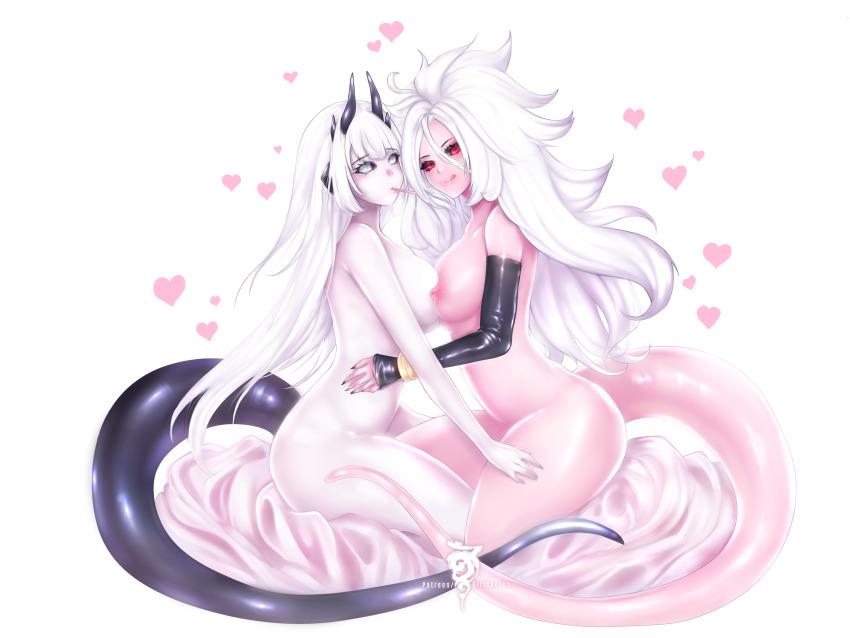 2girls absurdres android_21 black_sclera breast_press breasts bunnixia colored_sclera demon_girl demon_horns demon_tail food highres horns majin_android_21 monster_girl multiple_girls nude pale_skin pocky tail thick_thighs thighs white_hair