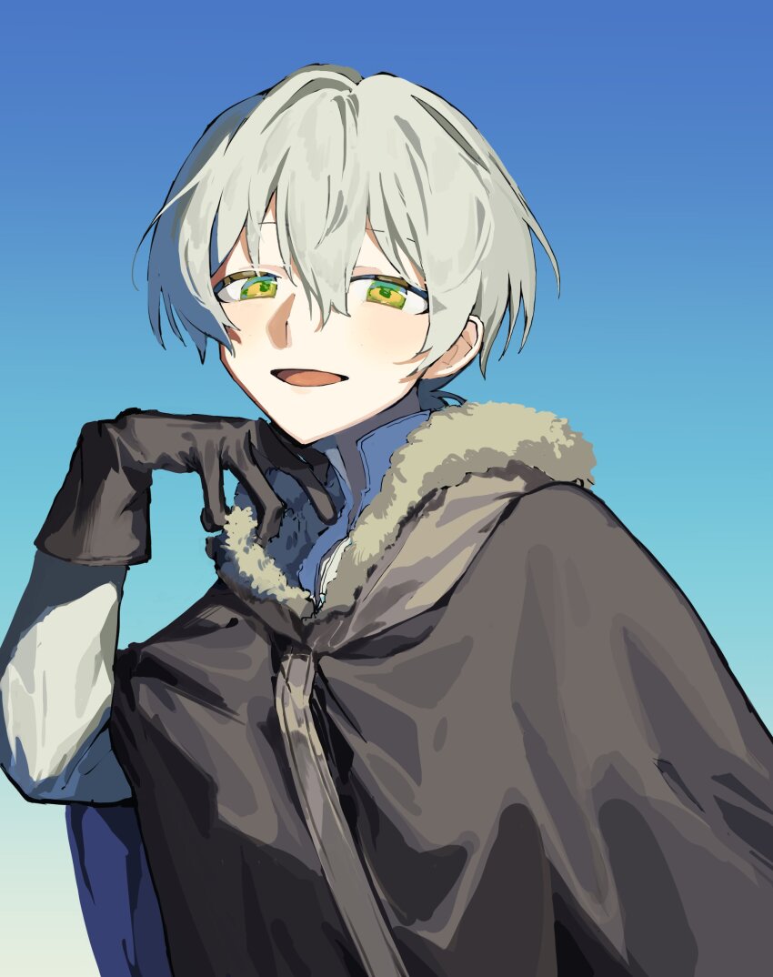 1boy absurdres bad_id bad_twitter_id black_gloves blue_background chizuru_(cizz_ru) cloak fumetsu_no_anata_e fur-trimmed_cloak fur_trim fushi gloves gradient_background green_eyes grey_hair hair_between_eyes hand_up highres hood hooded_cloak long_sleeves looking_at_viewer male_focus open_mouth short_hair smile solo upper_body