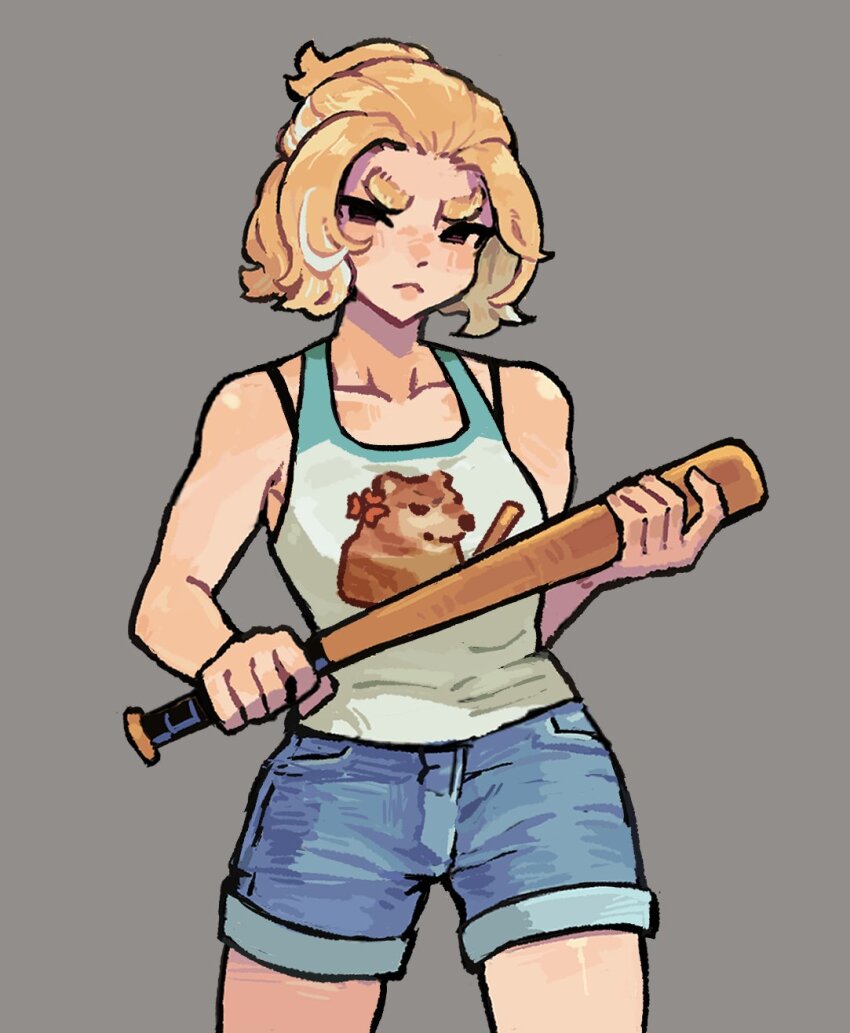 1girl :&lt; baseball_bat blonde_hair blue_shorts bra_strap brown_eyes collarbone commentary cowboy_shot denim denim_shorts english_commentary frown grey_background highres holding holding_baseball_bat no_sclera nycnouu original ponytail shorts solo tank_top thick_eyebrows white_tank_top