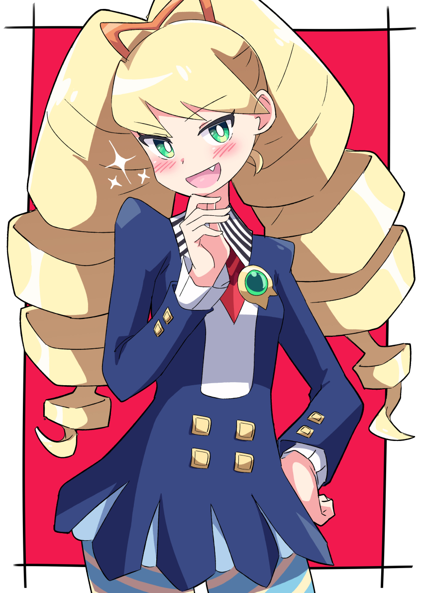 1girl absurdres blonde_hair blue_dress bow buzzlyears dress drill_hair fang green_eyes hair_bow hand_on_own_hip highres long_hair luna_platz_(mega_man) mega_man_(series) mega_man_star_force_(series) open_mouth pantyhose red_background smile sparkle striped_clothes striped_pantyhose twin_drills very_long_hair