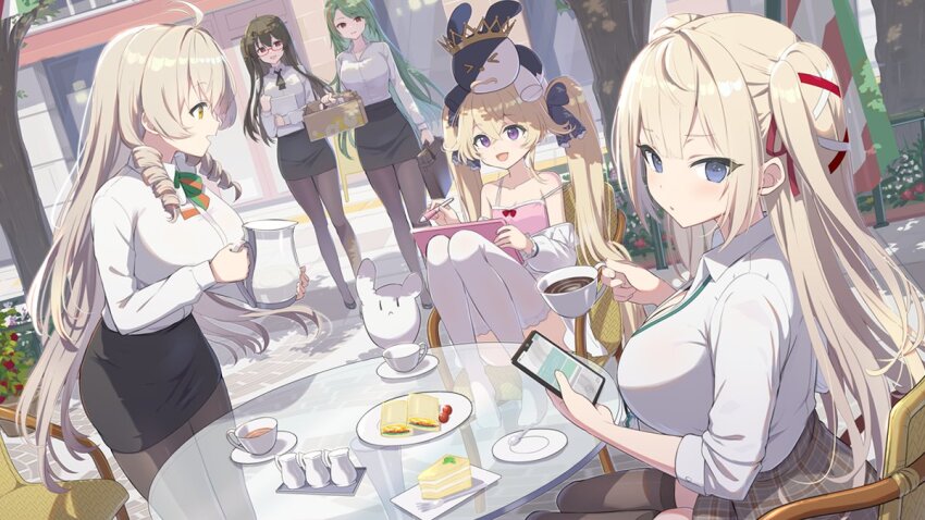 5girls andrea_doria_(azur_lane) andrea_doria_(have_a_safe_flight)_(azur_lane) attilio_regolo_(azur_lane) attilio_regolo_(castle_of_inspiration)_(azur_lane) azur_lane cake cellphone coffee coffee_mug cup food glasses gorizia_(azur_lane) gorizia_(unrequited_office_love?)_(azur_lane) gotyou holding holding_tablet_pc italian_flag littorio_(azur_lane) littorio_(sitting_in_the_rain)_(azur_lane) loading_screen london_(azur_lane) london_(the_sterling_secretary)_(azur_lane) mug multiple_girls office_lady official_alternate_costume official_art pantyhose pencil_skirt phone plaid_clothes plaid_skirt sandwich skirt sleepwear smartphone stylus tablet_pc tea