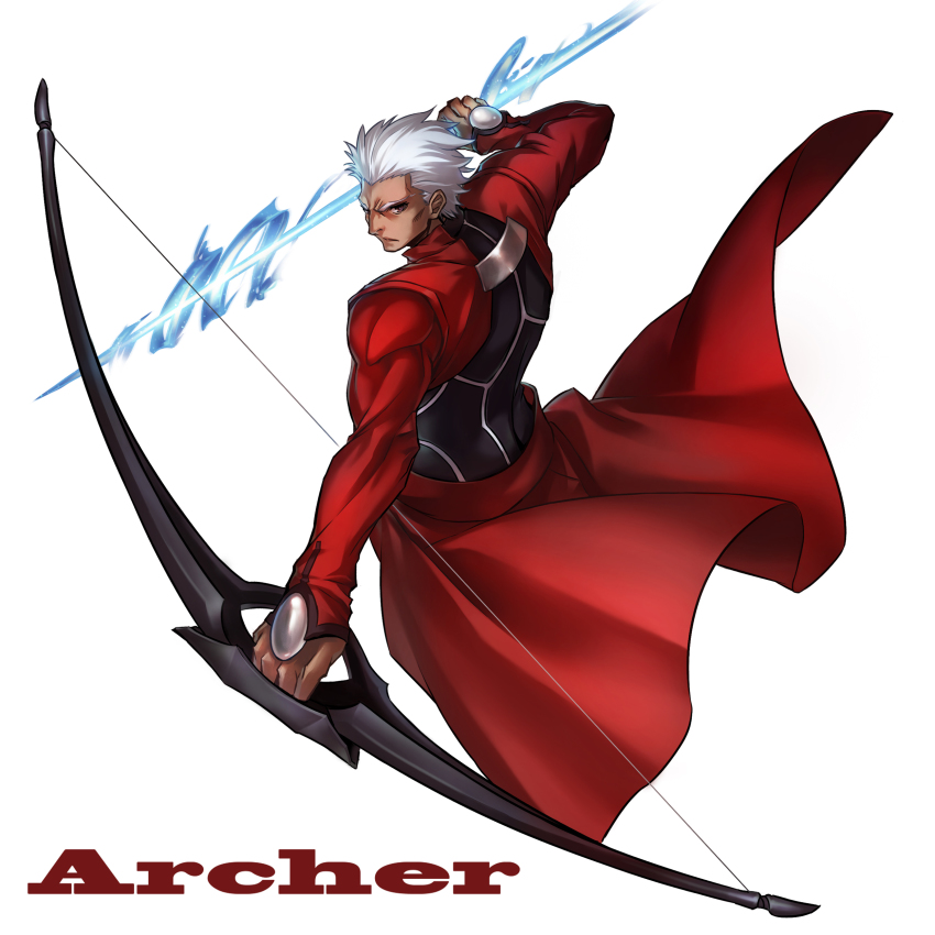 1boy absurdres archer_(fate) arrow_(projectile) bow_(weapon) character_name dark-skinned_male dark_skin fate/stay_night fate_(series) highres male_focus manly solo todee weapon white_hair