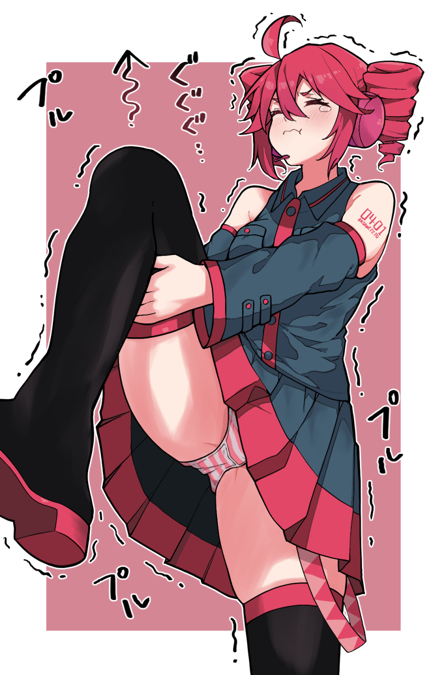 1girl :t ahoge arm_up armpit_crease belt black_skirt black_sleeves black_thighhighs blush boots border breast_pocket buttons closed_eyes collared_shirt detached_sleeves drill_hair feet_out_of_frame hair_between_eyes headphones headset highres holding_own_leg kasane_teto kasane_teto_(utau) long_sleeves michihirogswr microphone number_tattoo panties pink_panties platform_boots pleated_skirt pocket pout red_background red_belt red_hair red_skirt red_tattoo shirt shoulder_tattoo skindentation skirt sleeveless sleeveless_shirt solo stretching striped_clothes striped_panties tattoo tears thigh_boots thighhighs twin_drills two-tone_panties underwear utau white_border white_panties wing_collar