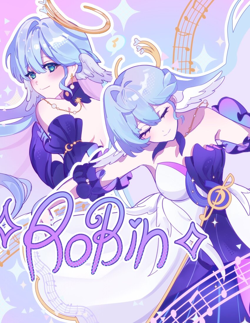 1girl aqua_eyes aqua_hair bare_shoulders beamed_eighth_notes character_name choker closed_eyes detached_sleeves dress eighth_note evuu hair_between_eyes halo halo_behind_head head_wings highres honkai:_star_rail honkai_(series) long_hair looking_at_viewer multiple_views musical_note musical_staff purple_background purple_choker purple_dress purple_sleeves quarter_note robin_(honkai:_star_rail) smile sparkle_background strapless strapless_dress treble_clef two-tone_dress white_dress wings