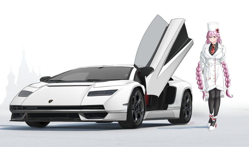 1girl absurdres amoemo black_pantyhose black_shirt blue_archive braid breasts car closed_mouth coat collared_shirt full_body fur_hat hat hat_ribbon high_heels highres lamborghini lamborghini_countach lamborghini_countach_lpi_800-4 large_breasts long_hair looking_at_viewer motor_vehicle necktie no_halo pantyhose pink_eyes pink_hair red_necktie red_ribbon ribbon shadow shirt short_necktie solo standing tomoe_(blue_archive) twin_braids ushanka vehicle_focus very_long_hair white_background white_coat white_footwear white_hat winter_clothes