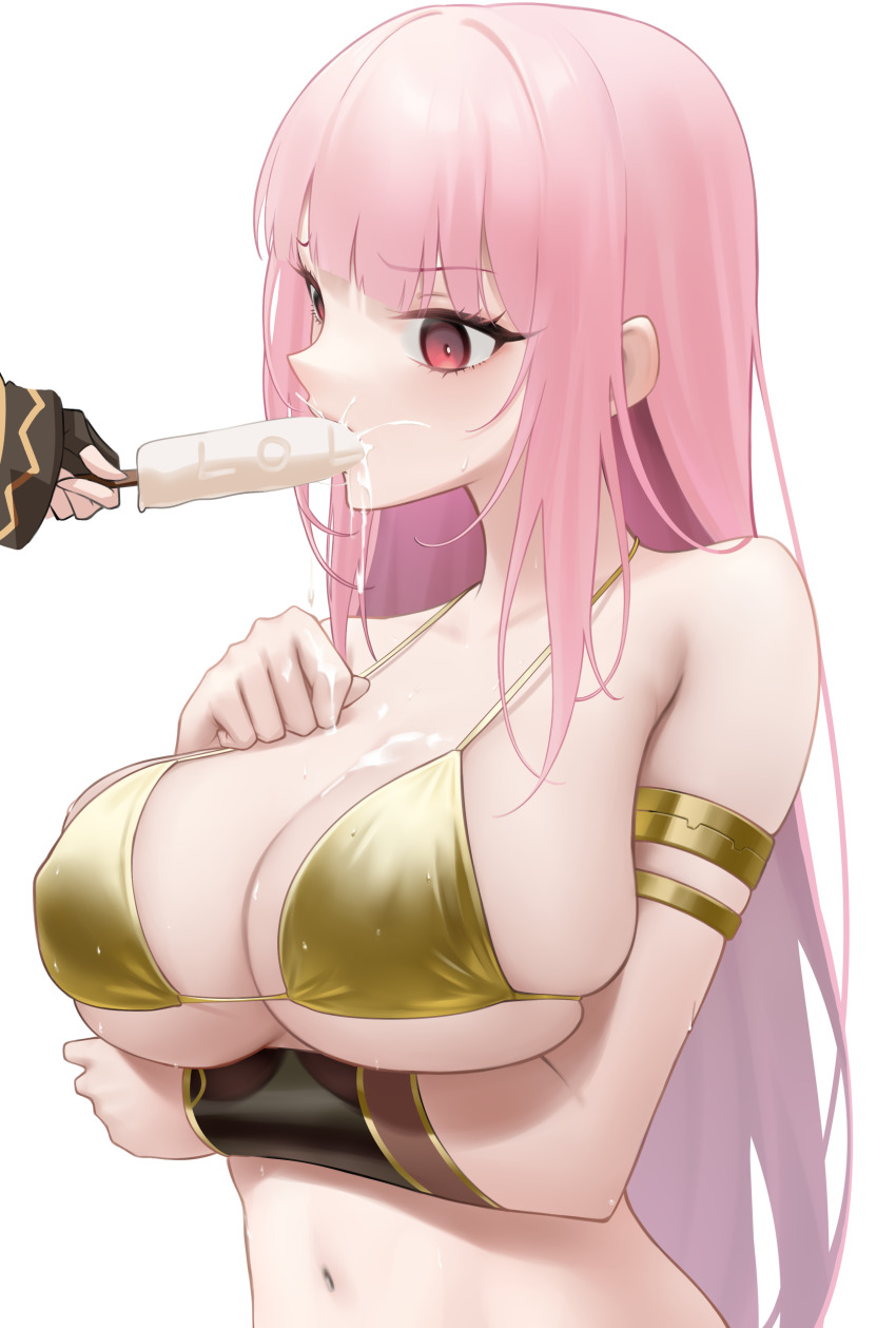 1girl absurdres armlet bare_shoulders bikini blush bracer breasts collarbone commentary food gold_bikini highres hololive hololive_english huge_breasts jewelry long_hair mori_calliope navel open_mouth pink_eyes pink_hair popsicle simple_background solo_focus somebody_(leiking00) stomach swimsuit virtual_youtuber white_background yellow_bikini