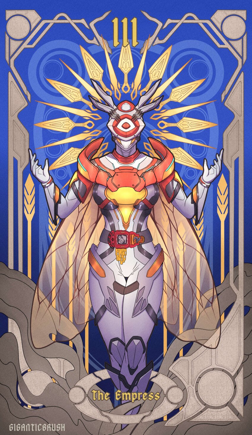 1girl absurdres antennae armor belt bodysuit breastplate breasts card_(medium) dress english_text giganticbrush highres honeycomb_(pattern) kamen_rider kamen_rider_aguilera kamen_rider_revice looking_at_viewer queen_bee queen_bee_genome red_eyes rider_belt solo tarot tarot_(medium) the_empress_(tarot) tokusatsu vistamp weekendriver white_bodysuit