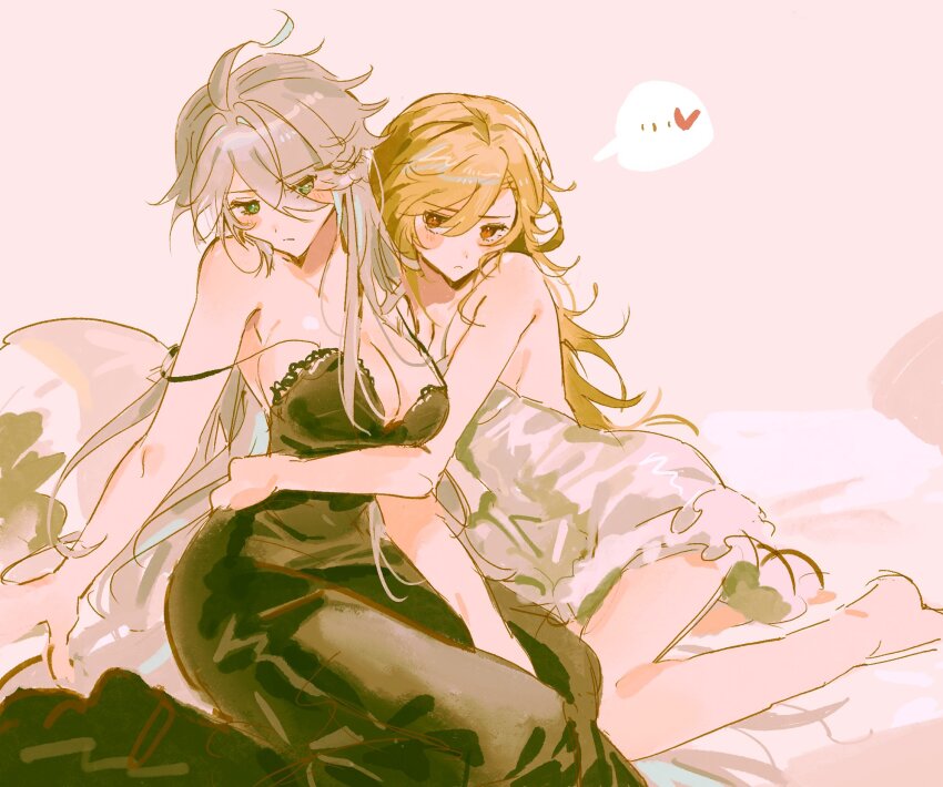 ... 2girls alhaitham_(genshin_impact) bare_shoulders black_nightgown blonde_hair breasts brown_eyes cleavage closed_mouth dada_dain dress frown genderswap genderswap_(mtf) genshin_impact green_eyes grey_hair heart highres hug kaveh_(genshin_impact) lace lace-trimmed_dress lace_trim large_breasts long_hair multiple_girls nightgown sitting spaghetti_strap strap_slip very_long_hair white_nightgown