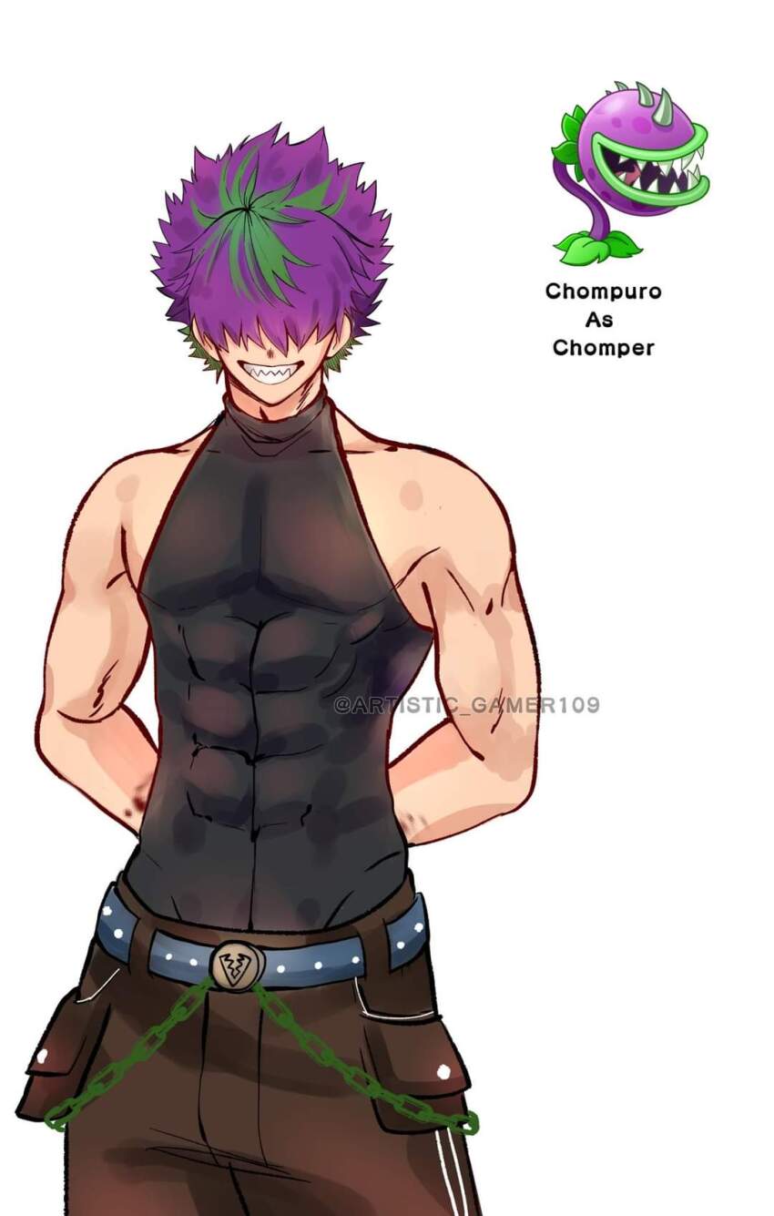 1boy arms_behind_back belt black_pants black_tank_top blood blood_on_arm blue_belt chain character_name chomper chomper_(plants_vs_zombies) commentary_request covered_eyes cowboy_shot facing_viewer green_chain green_hair hair_over_eyes hands_behind highres humanization looking_at_viewer male_focus multicolored_hair multicolored_pants muscular muscular_arms muscular_male pants pectorals personification plant plants_vs_zombies pouch purple_hair reka-san sharp_teeth shirt short_hair simple_background skin_tight skin_tight_clothing sleeveless smile spiked_hair tagme tank_top teeth toned toned_male toned_stomach turtleneck turtleneck_shirt venus_flytrap white_background white_stripes
