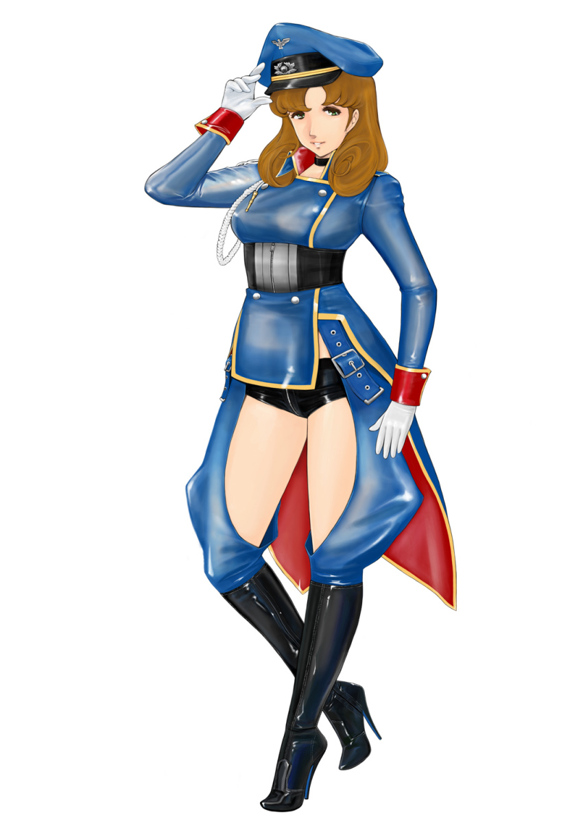 1girl black_boots blonde_hair boots choujikuu_yousai_macross cosplay crossover female_focus green_eyes hayase_misa high_heel_boots high_heels highres komii latex long_hair macross macross:_do_you_remember_love? retro_artstyle sheryl_nome sheryl_nome_(cosplay) solo stiletto_boots stiletto_heels