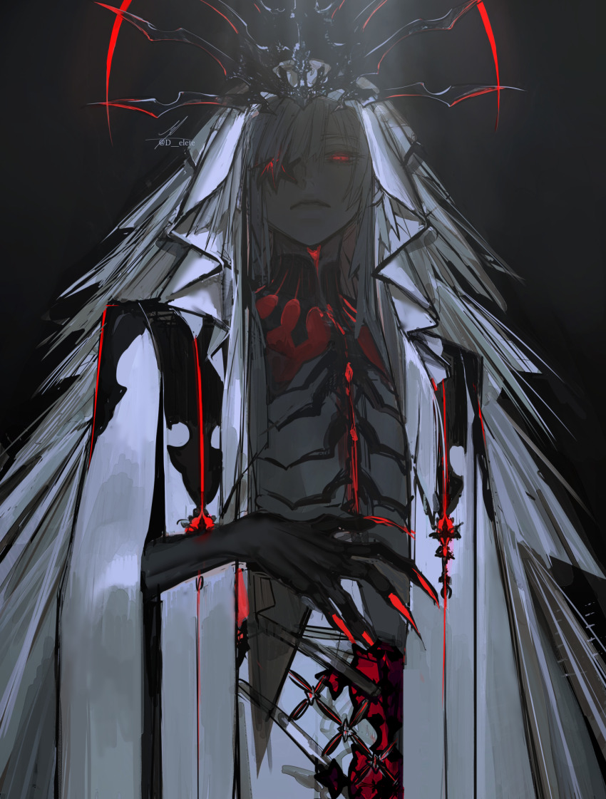 absurdly_long_hair au_(d_elete) black_background black_crown crown fingernails flower_in_eye frown girdle glowing glowing_eye highres long_hair original red_eyes ribs robe sharp_fingernails simple_background solo symbol_in_eye very_long_hair white_hair white_robe